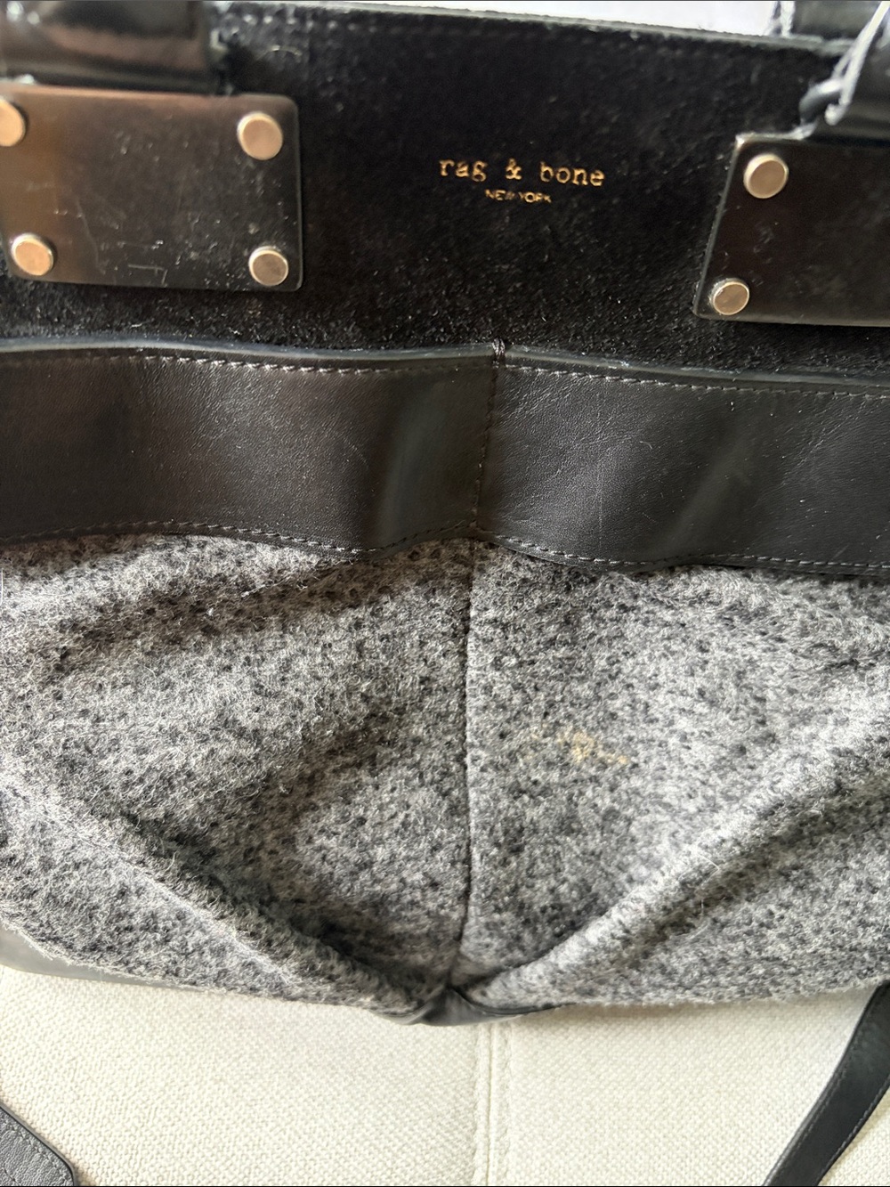 rag & bone Medium Pilot Black Leather and Gray Wool Messenger Tote - Picture 2 of 8